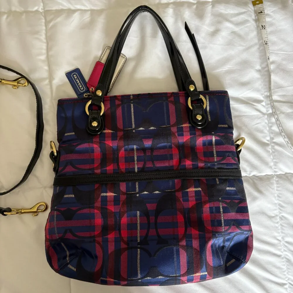 Coach Poppy 2way Shoulder Bag Red Blue Tartan Plaid Signature Canvas Patent Trim